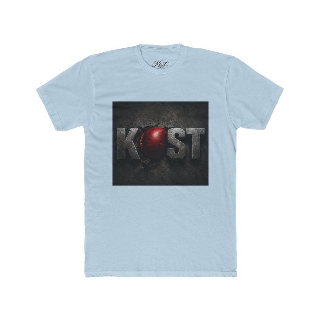 KOST Logo T-Shirt — Distressed Metallic Text with Red Orb Graphic