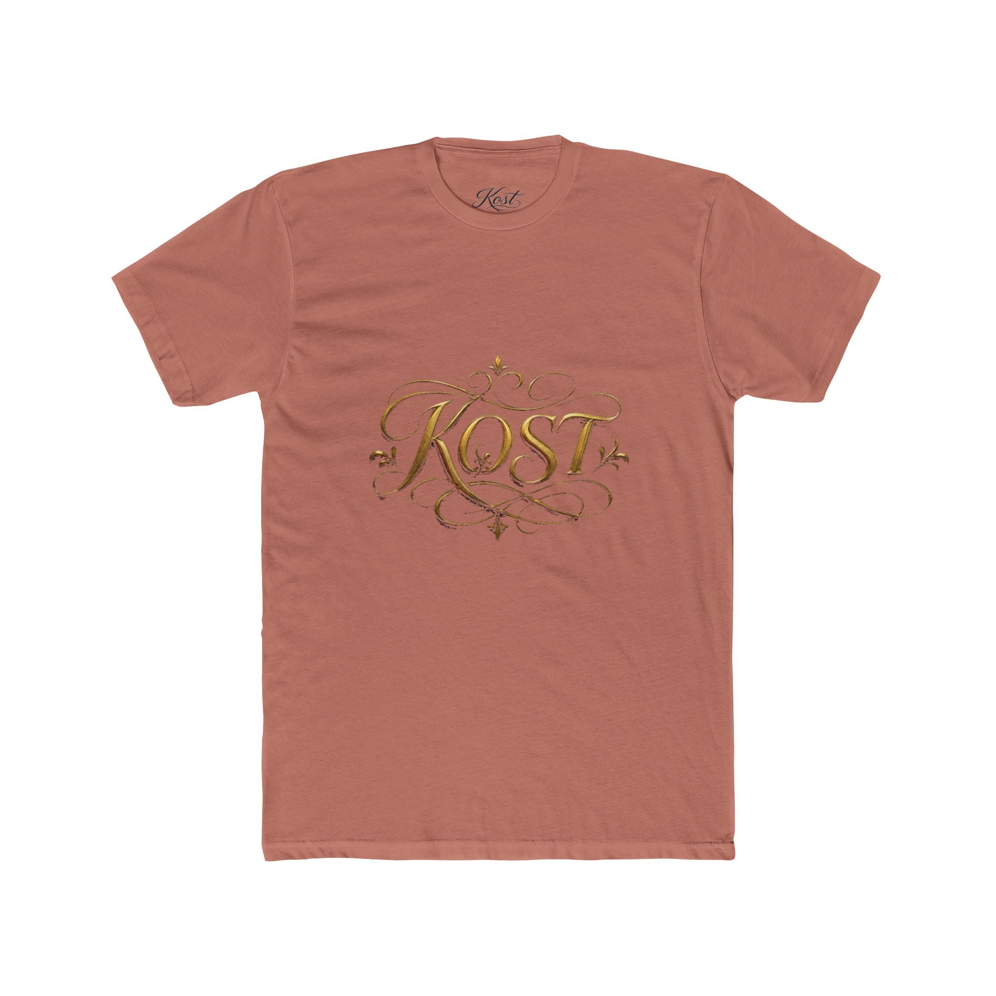KOST Script Logo Tee — Elegant Gold Calligraphy Cotton T‑Shirt