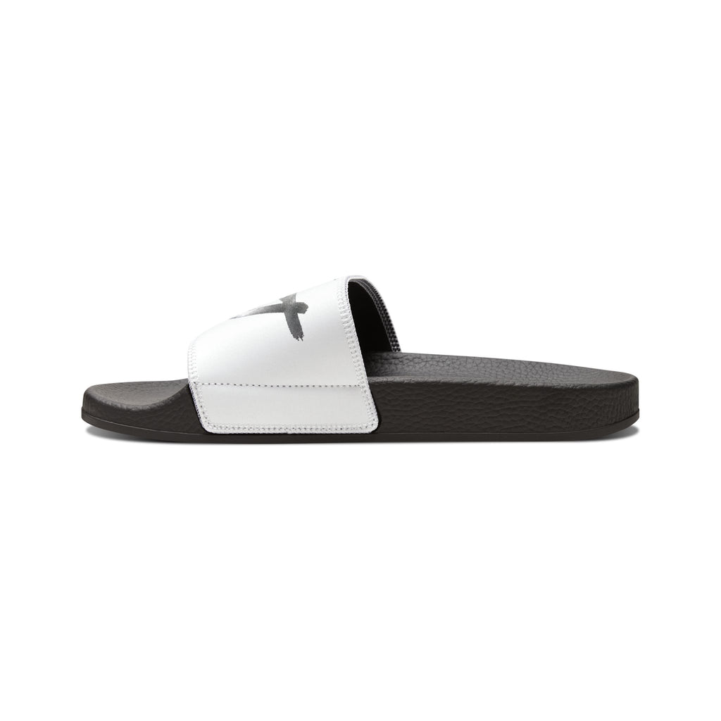 Men’s Removable-Strap Sandals – White Slide Sandals with “JOY” Graphic