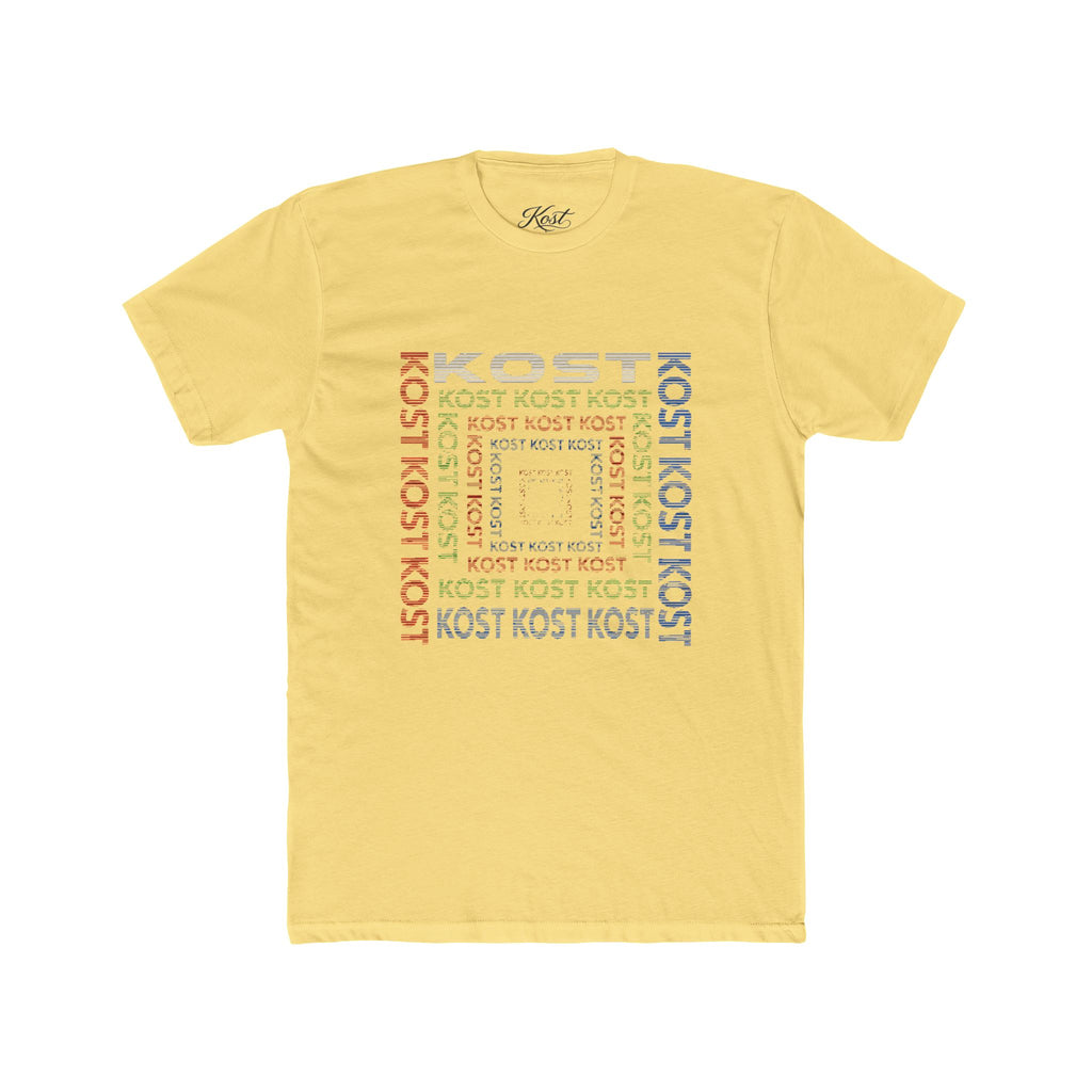 Kost Repeating Text Graphic Tee — Minimal Pastel Square Design