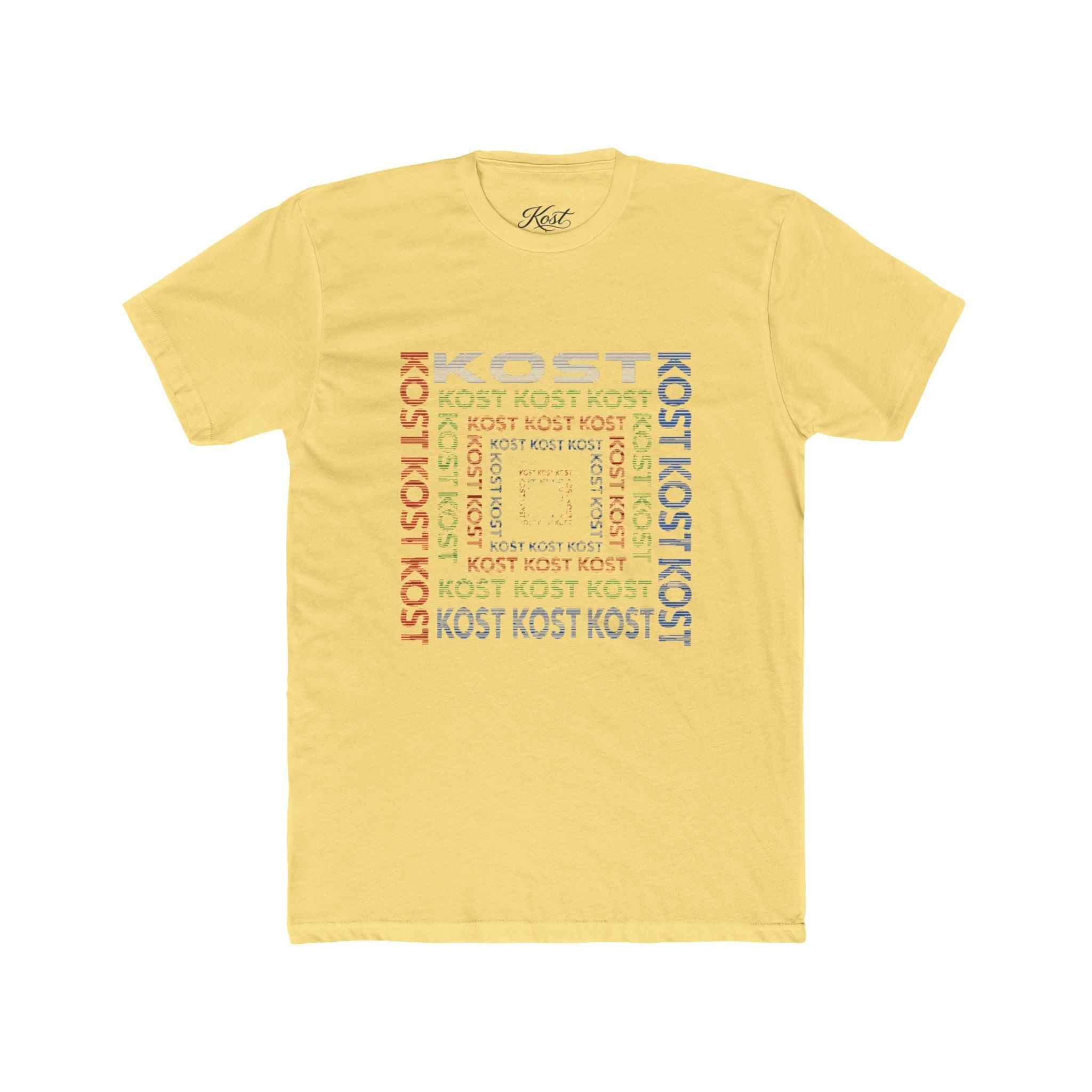 Kost Repeating Text Graphic Tee — Minimal Pastel Square Design
