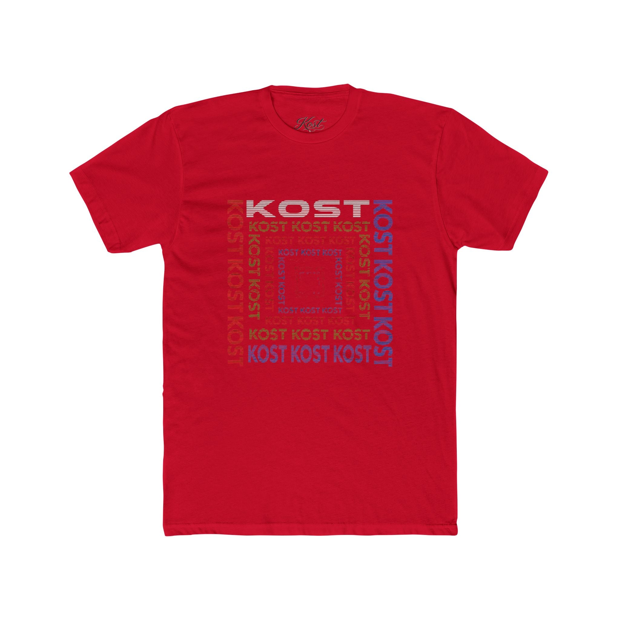 Kost Repeating Text Graphic Tee — Minimal Pastel Square Design