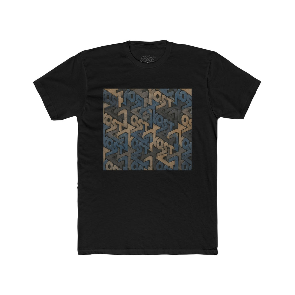 Geometric Maze Graphic Tee — Vintage Blue & Brown Optical Pattern