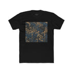 Geometric Maze Graphic Tee — Vintage Blue & Brown Optical Pattern