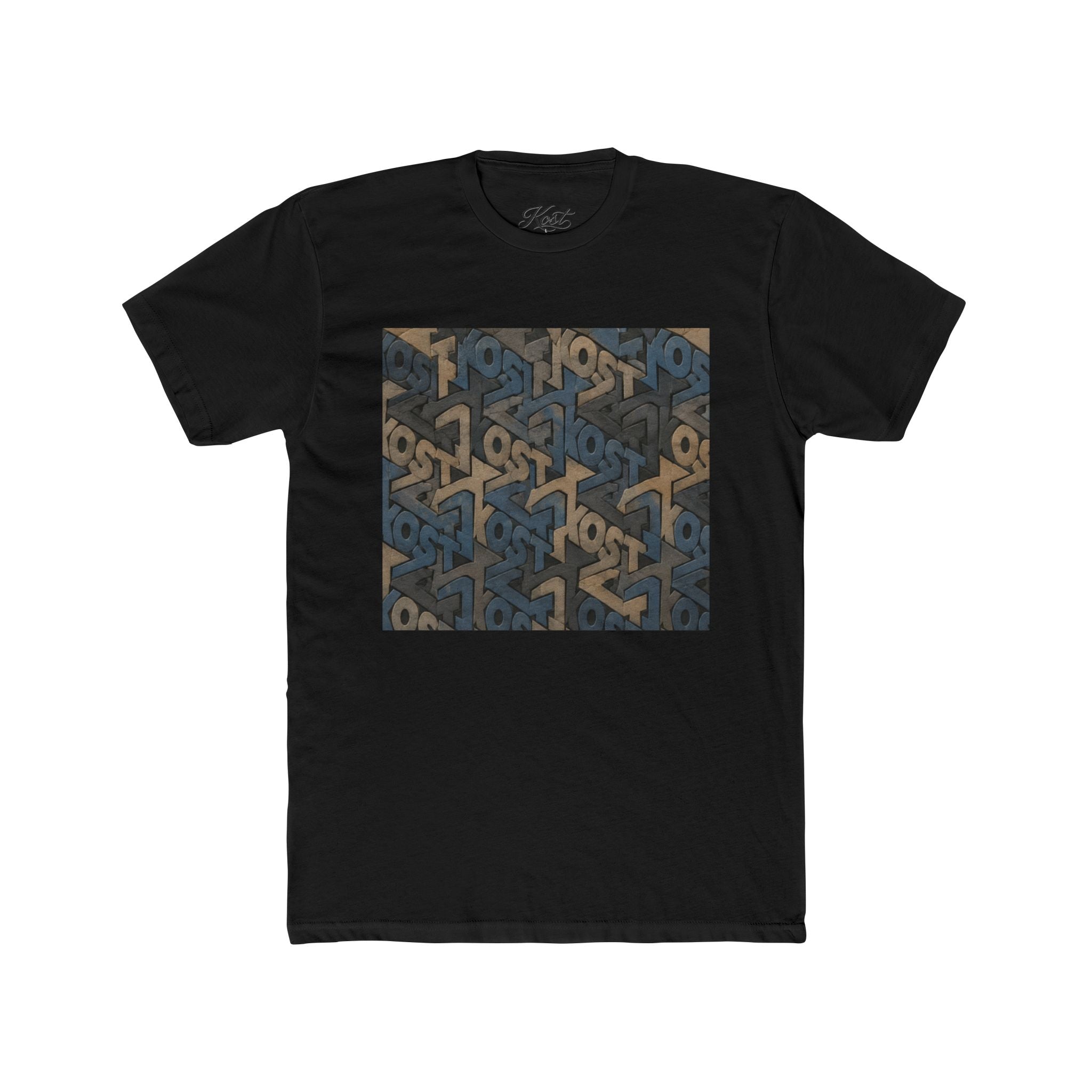 Geometric Maze Graphic Tee — Vintage Blue & Brown Optical Pattern