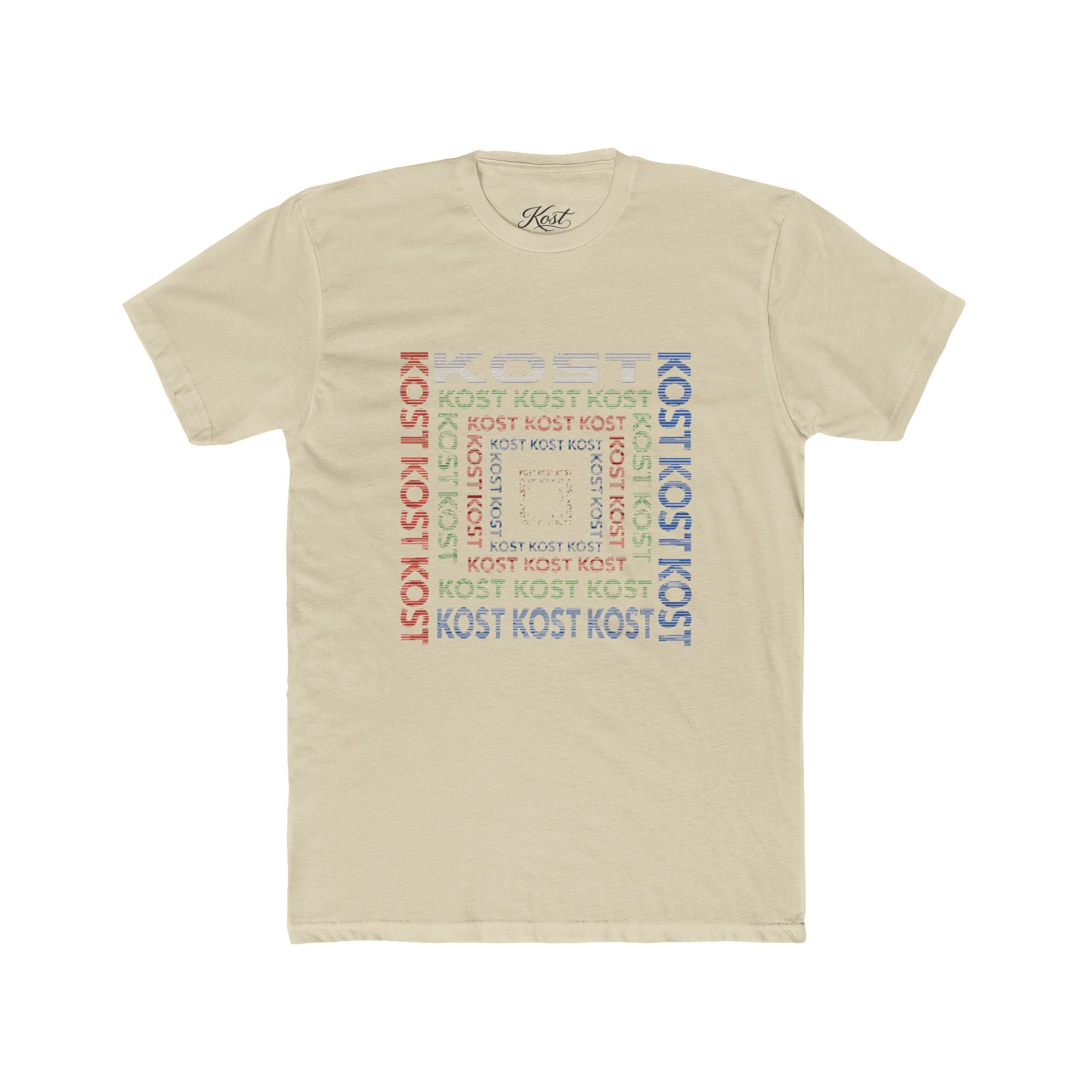 Kost Repeating Text Graphic Tee — Minimal Pastel Square Design