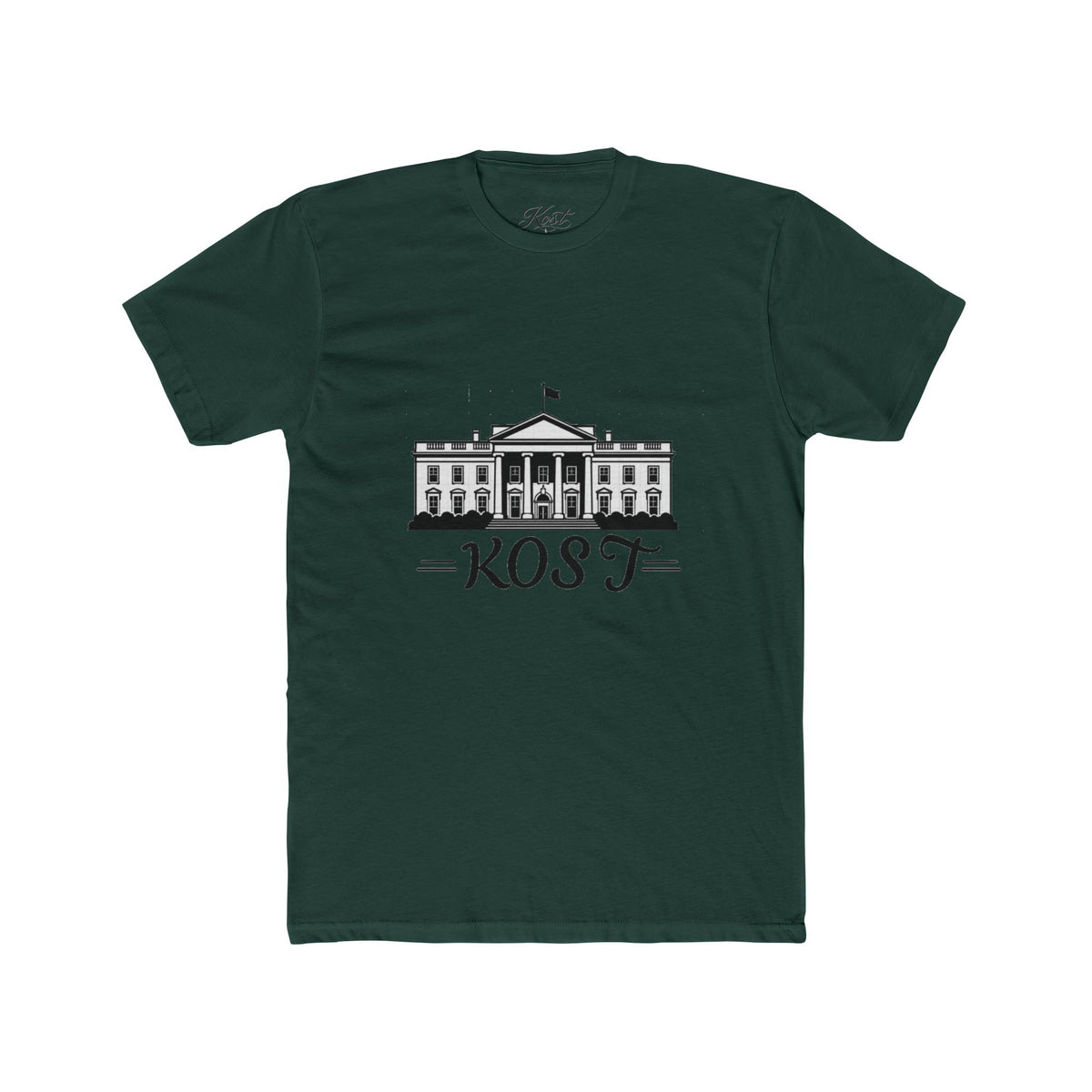 White Tee with White House Illustration and "KOST" Script – Patriotic Graphic T-Shirt