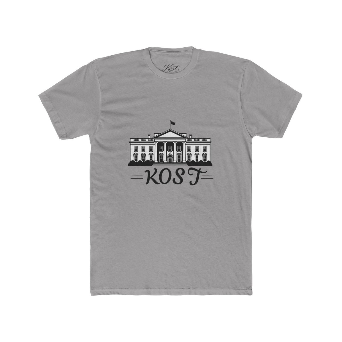 White Tee with White House Illustration and "KOST" Script – Patriotic Graphic T-Shirt
