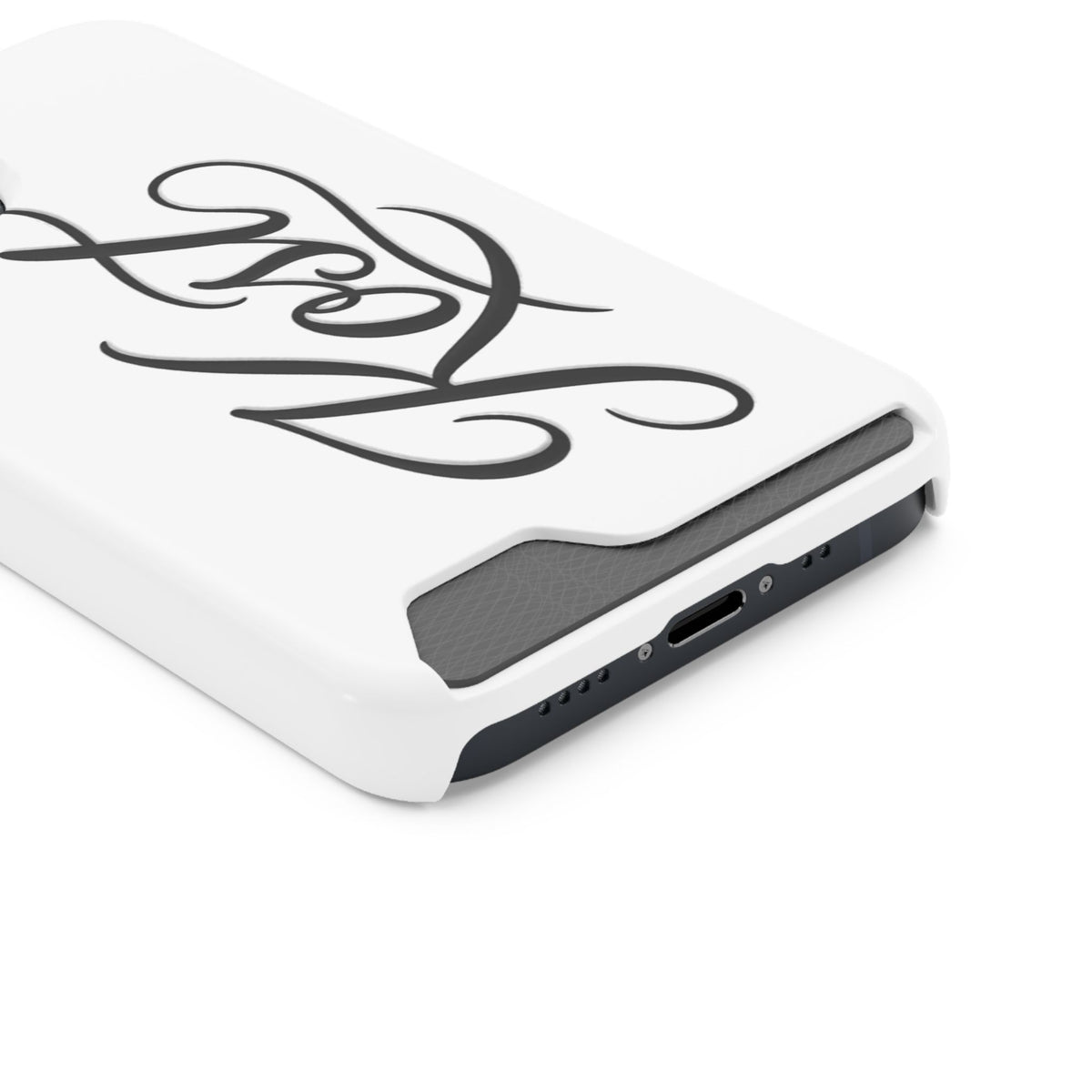 Phone Case with Card Holder – Elegant Black Calligraphy Design