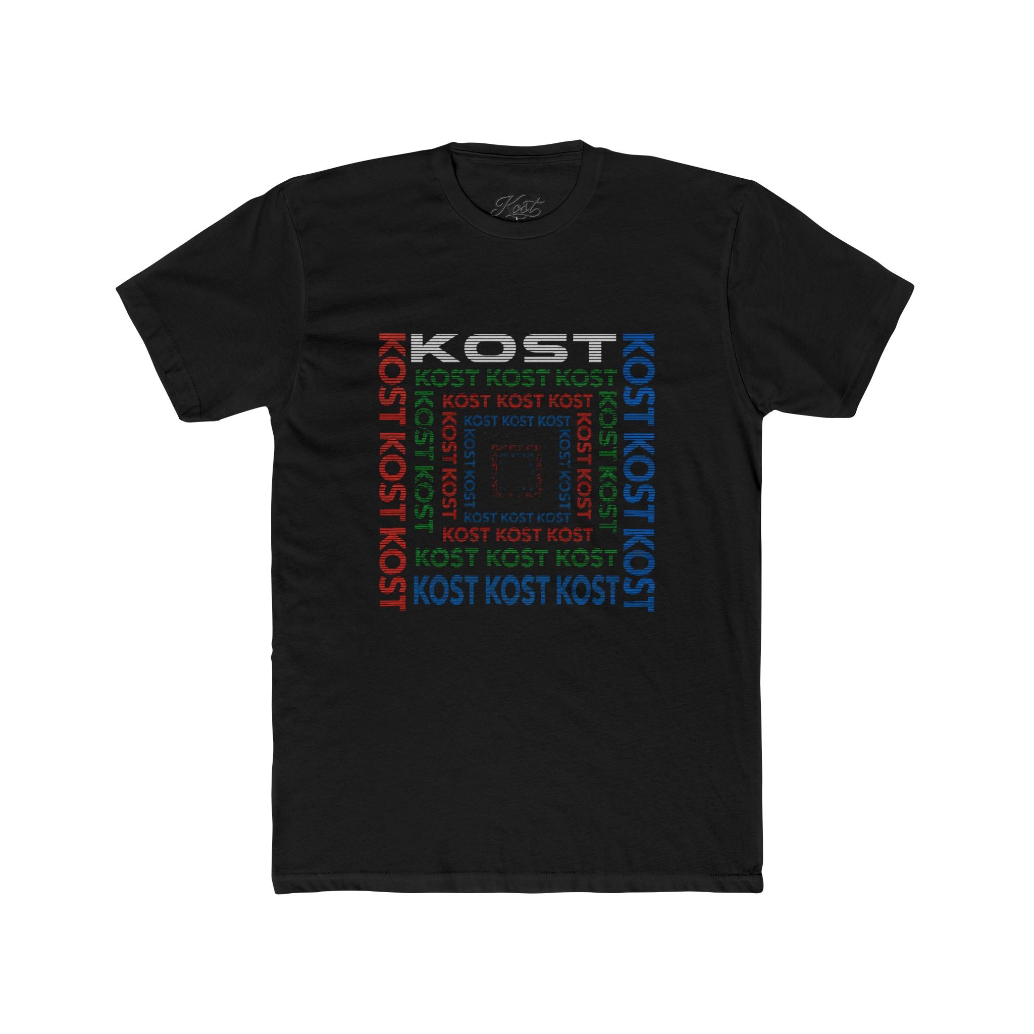 Kost Repeating Text Graphic Tee — Minimal Pastel Square Design
