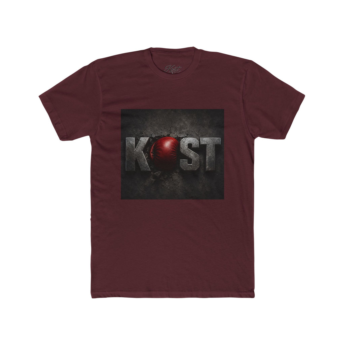 KOST Logo T-Shirt — Distressed Metallic Text with Red Orb Graphic