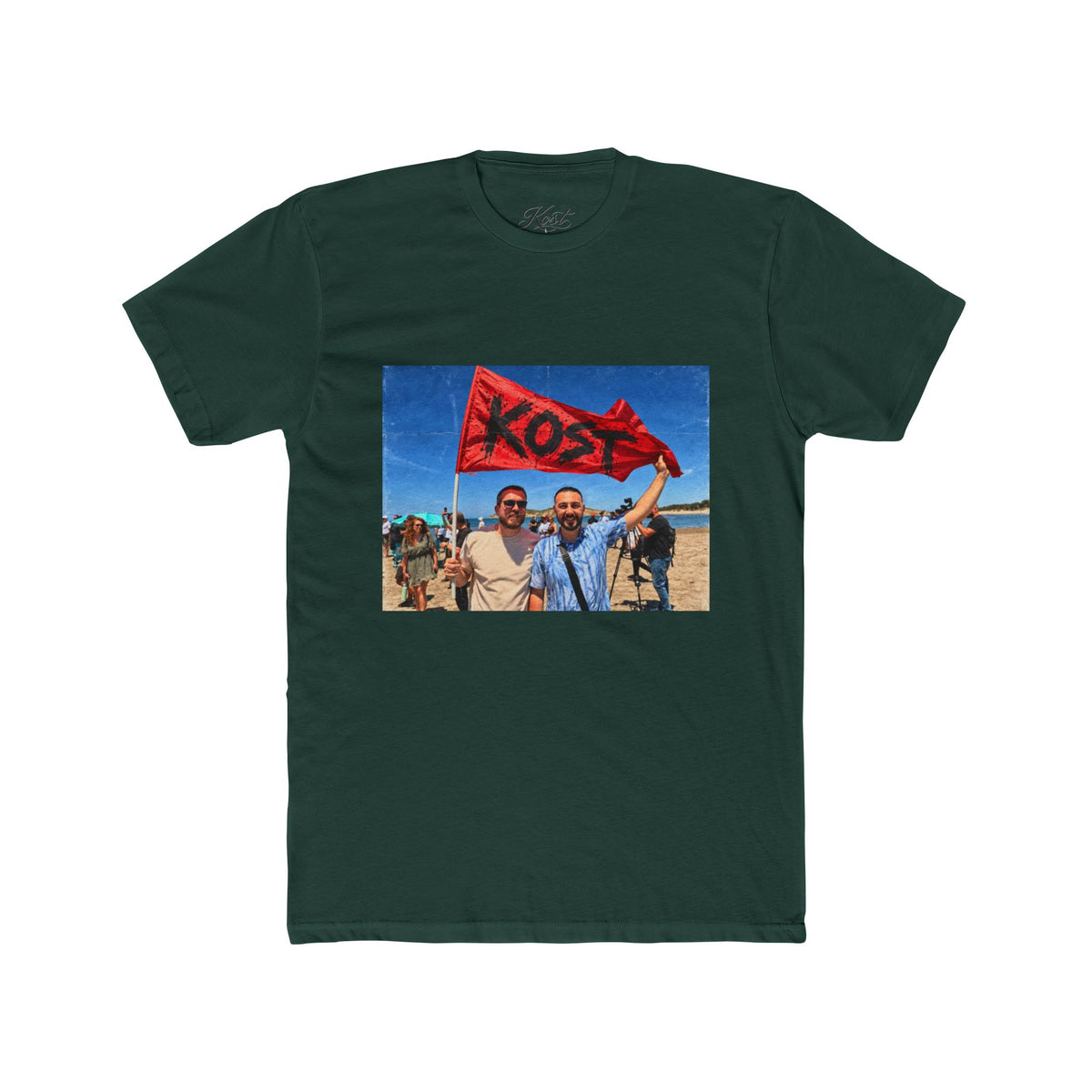 Vintage Road Trip Tee — Friends Holding 'KOS' Flag Photo Print