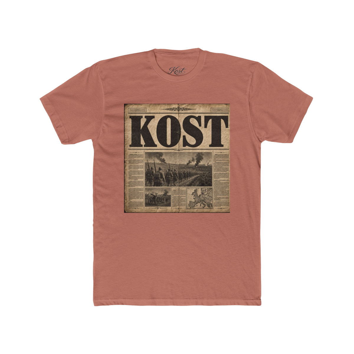 Vintage Newspaper 'KOST' Graphic Tee — Retro Travel Photo Shirt