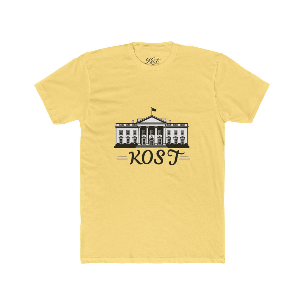 White Tee with White House Illustration and "KOST" Script – Patriotic Graphic T-Shirt