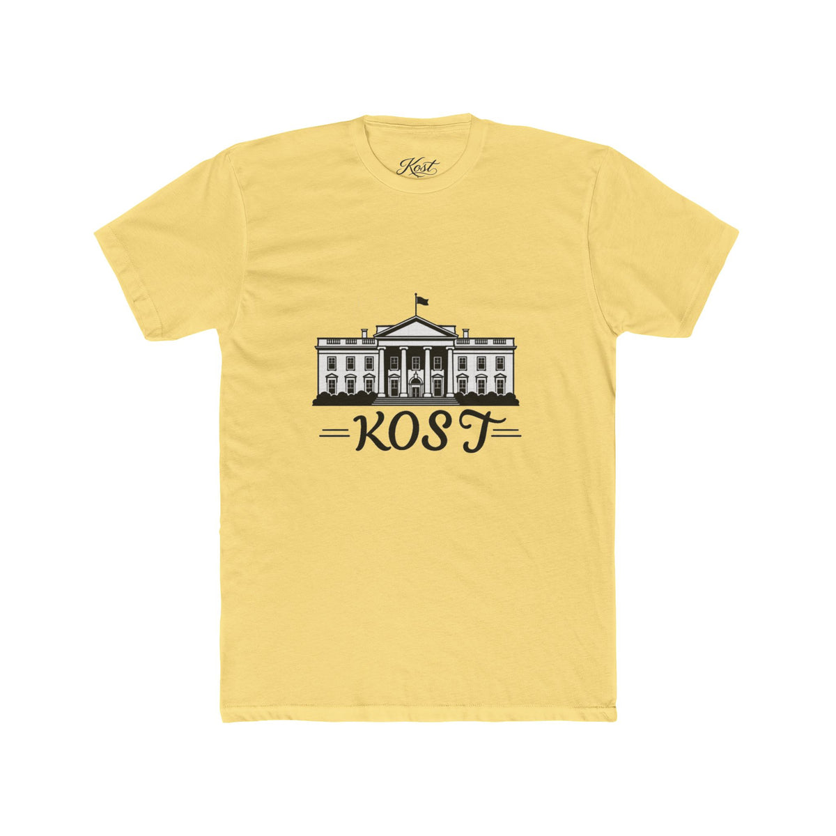 White Tee with White House Illustration and "KOST" Script – Patriotic Graphic T-Shirt