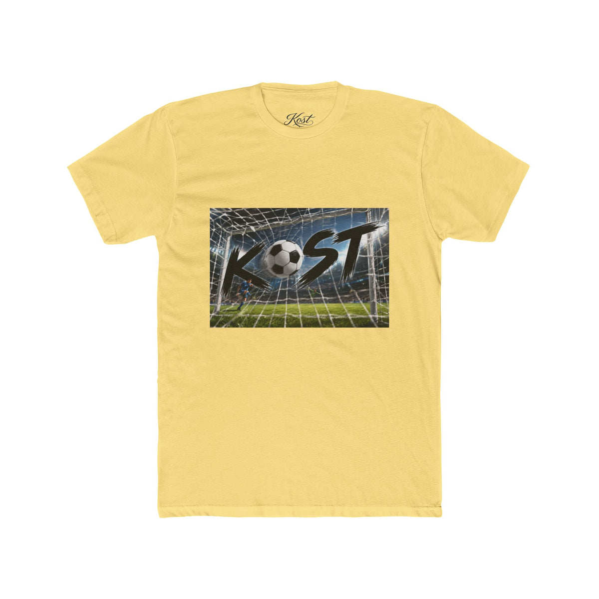 Soccer Goal Graphic Tee — “KOST” Ball in Net Cotton T‑Shirt
