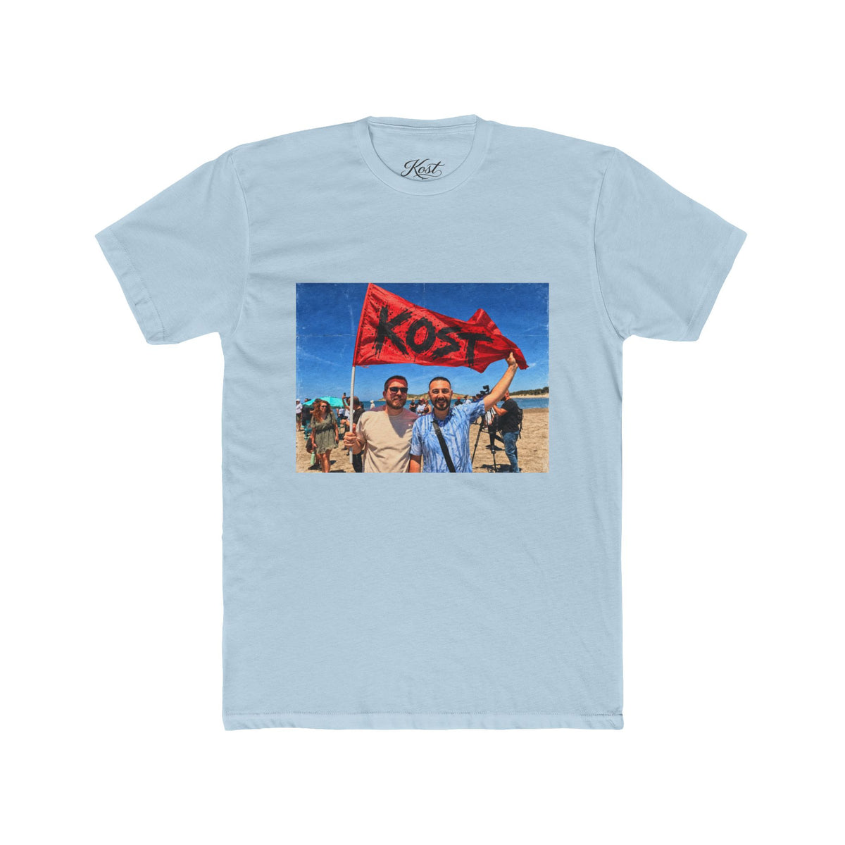 Vintage Road Trip Tee — Friends Holding 'KOS' Flag Photo Print