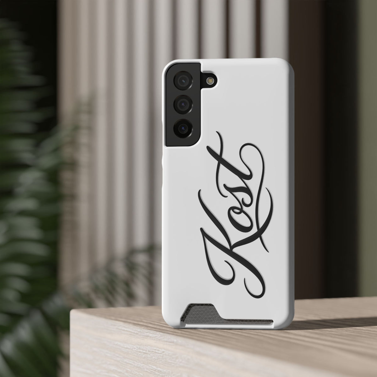 Phone Case with Card Holder – Elegant Black Calligraphy Design