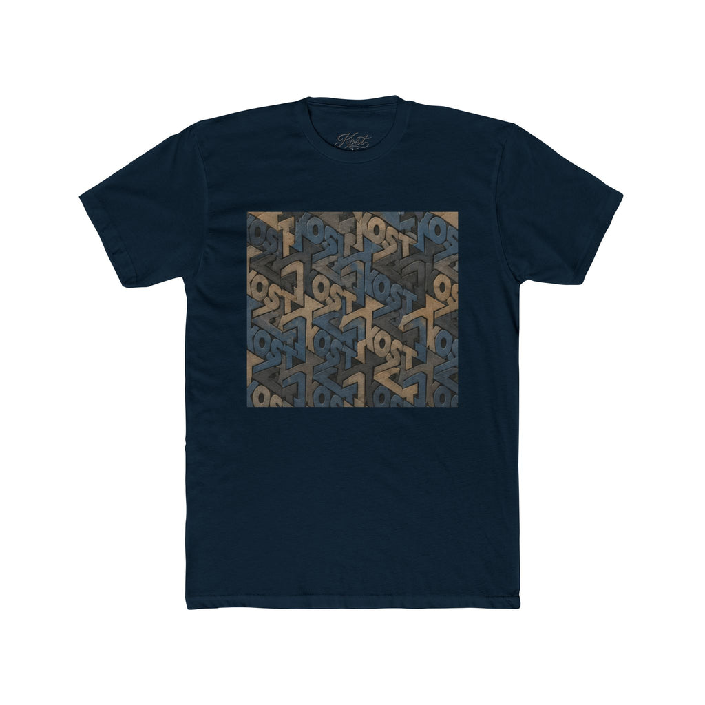 Geometric Maze Graphic Tee — Vintage Blue & Brown Optical Pattern