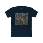 Geometric Maze Graphic Tee — Vintage Blue & Brown Optical Pattern
