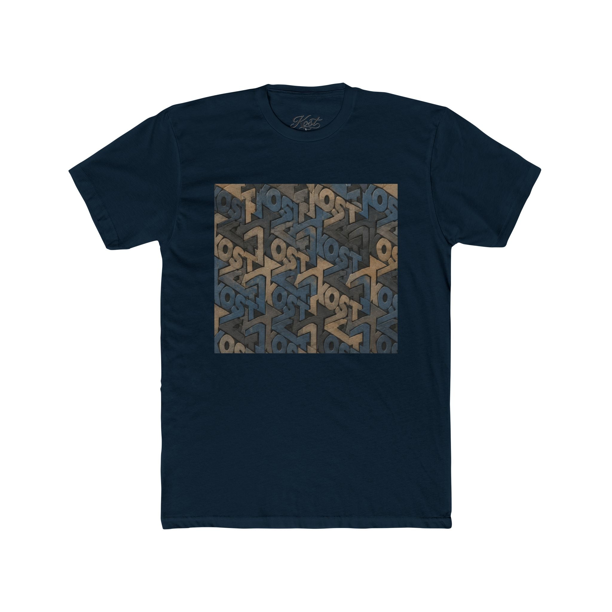 Geometric Maze Graphic Tee — Vintage Blue & Brown Optical Pattern