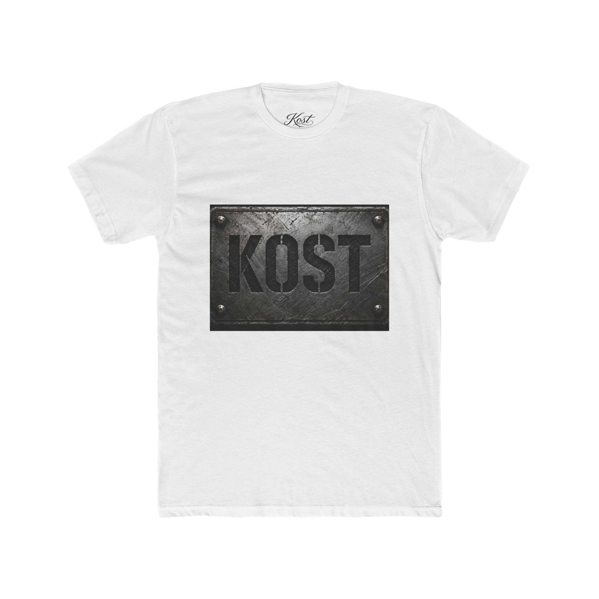 KOST Industrial Metal Plaque T‑Shirt — Vintage Steel Nameplate Tee