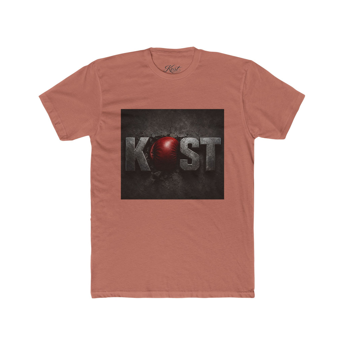 KOST Logo T-Shirt — Distressed Metallic Text with Red Orb Graphic
