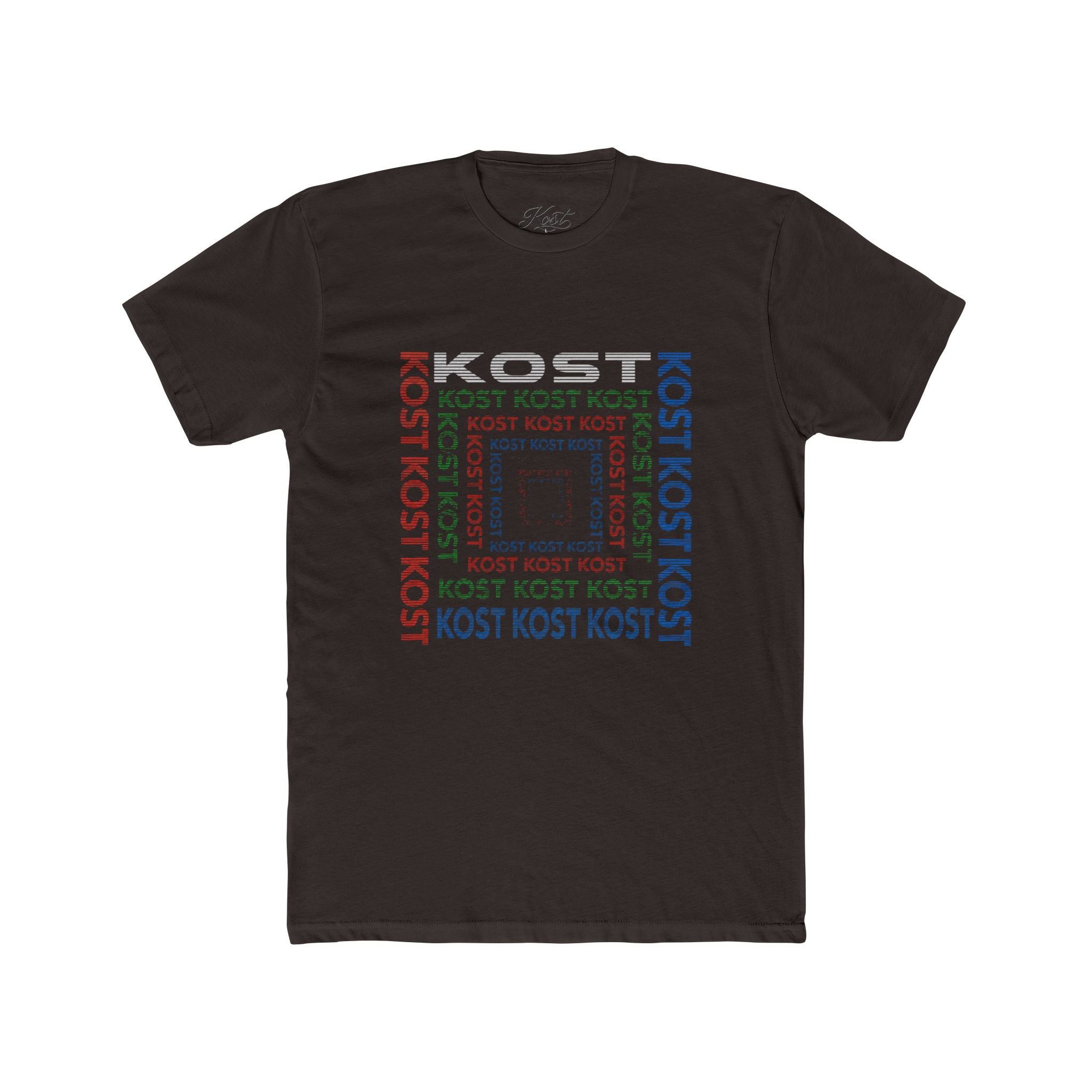 Kost Repeating Text Graphic Tee — Minimal Pastel Square Design