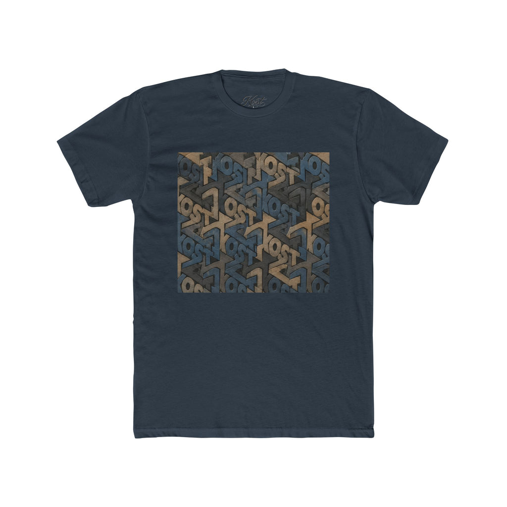 Geometric Maze Graphic Tee — Vintage Blue & Brown Optical Pattern