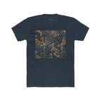 Geometric Maze Graphic Tee — Vintage Blue & Brown Optical Pattern