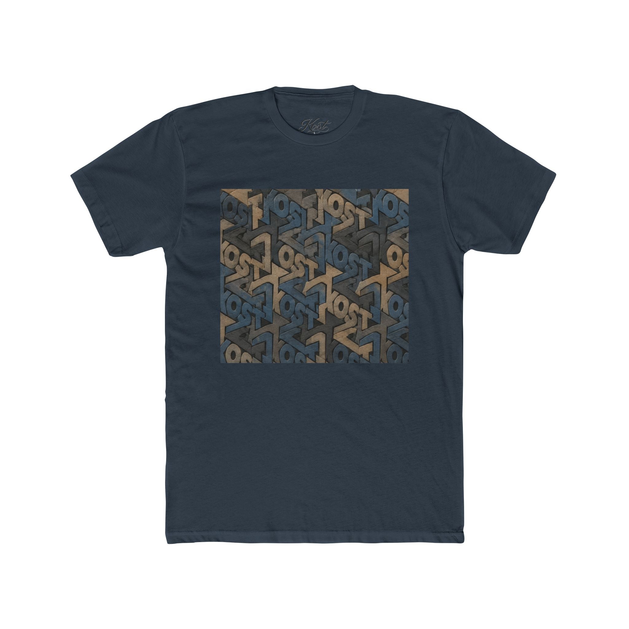 Geometric Maze Graphic Tee — Vintage Blue & Brown Optical Pattern