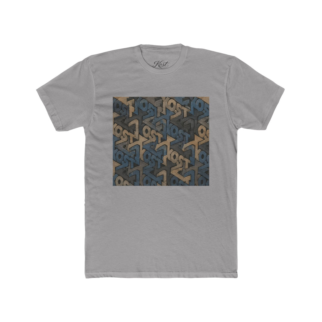 Geometric Maze Graphic Tee — Vintage Blue & Brown Optical Pattern