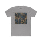 Geometric Maze Graphic Tee — Vintage Blue & Brown Optical Pattern