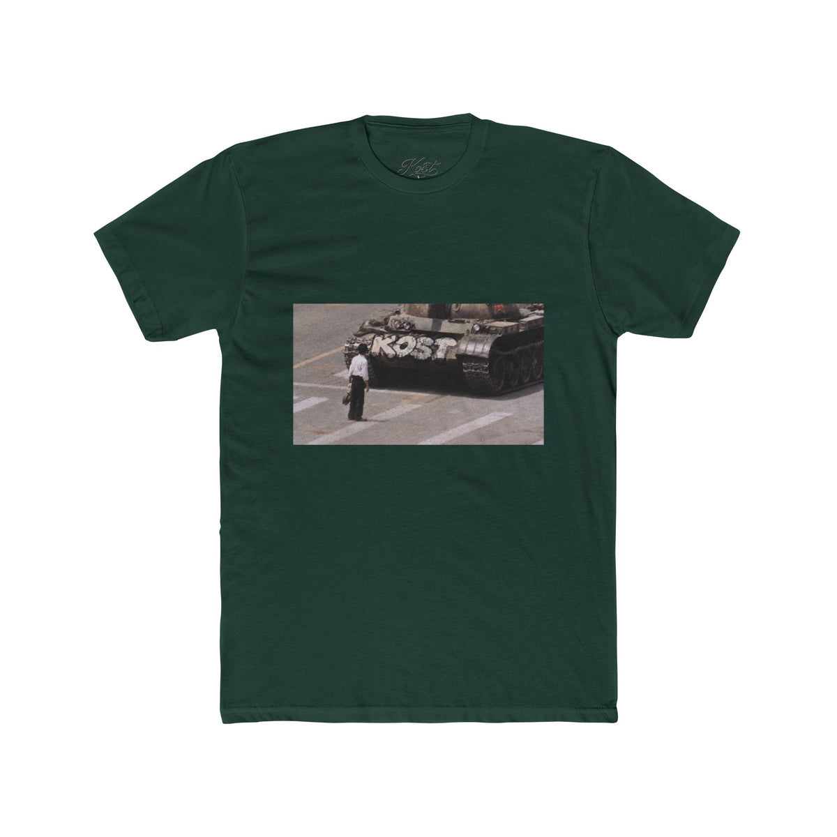 Vintage Photo Tee — Man Facing Tank with 'KOST' Graffiti