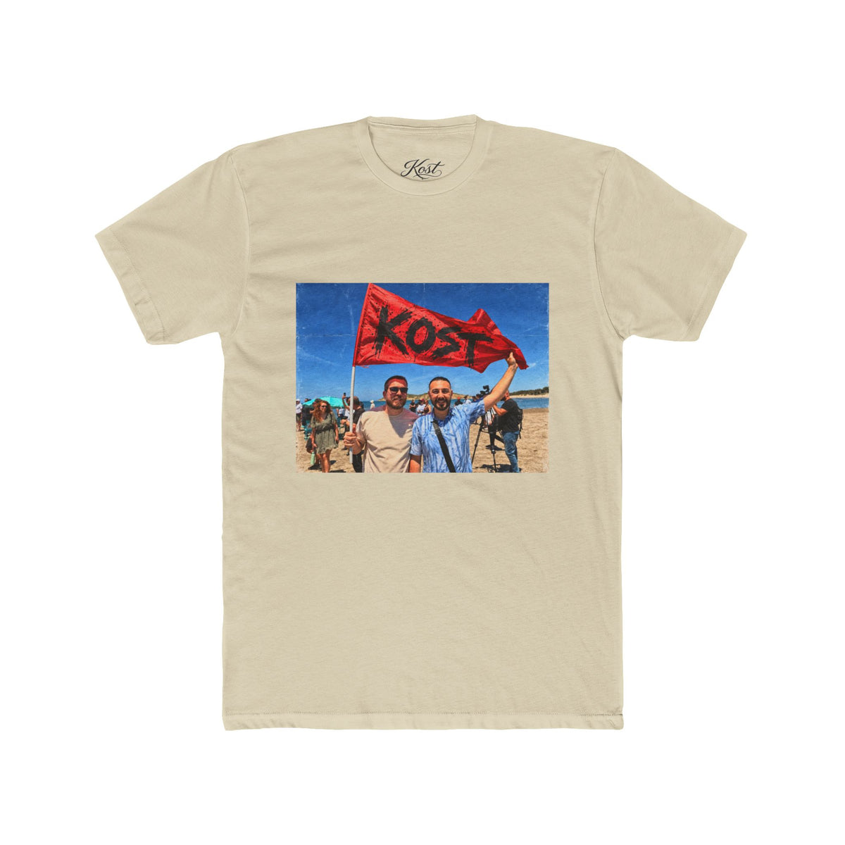 Vintage Road Trip Tee — Friends Holding 'KOS' Flag Photo Print