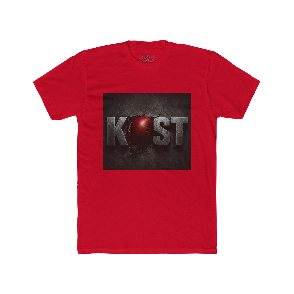 KOST Logo T-Shirt — Distressed Metallic Text with Red Orb Graphic
