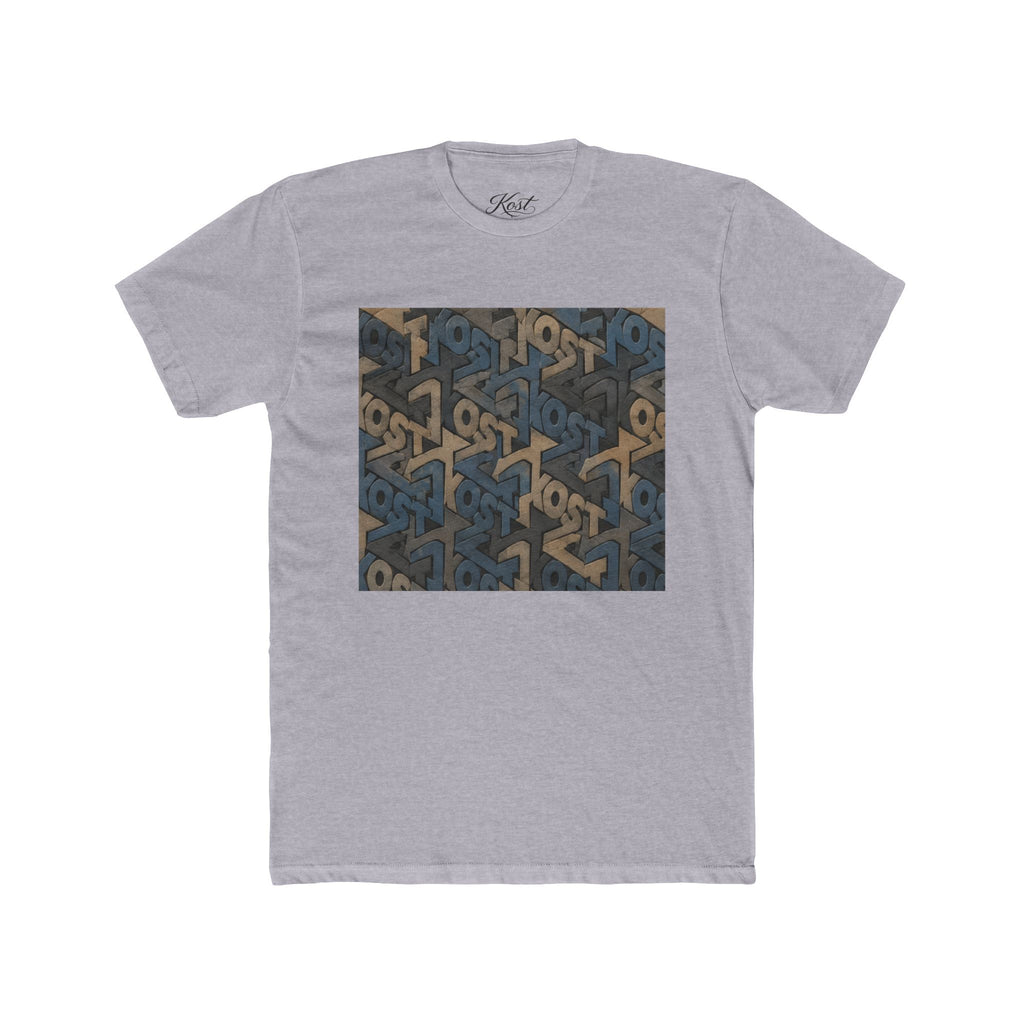 Geometric Maze Graphic Tee — Vintage Blue & Brown Optical Pattern