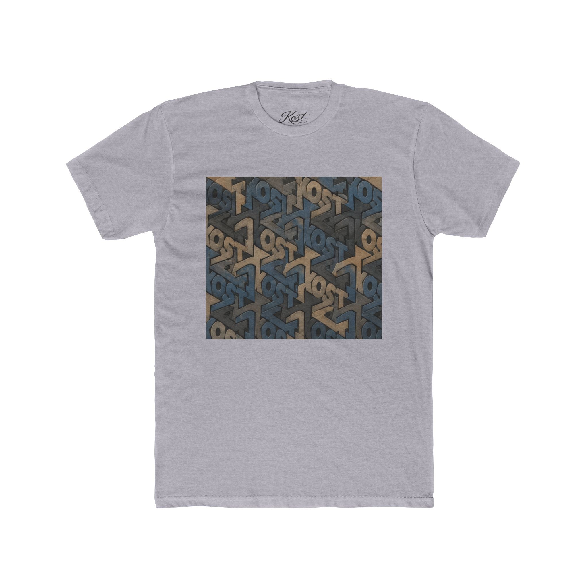 Geometric Maze Graphic Tee — Vintage Blue & Brown Optical Pattern