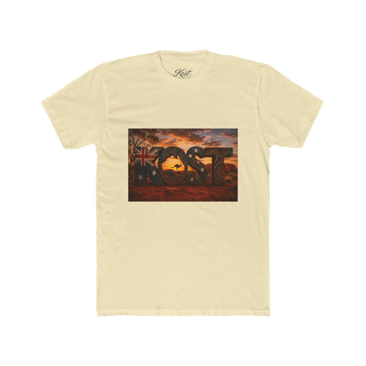 Aussie Sunset Coast T-Shirt — "Aussie" Kangaroo & Boomerang Beach Graphic Tee