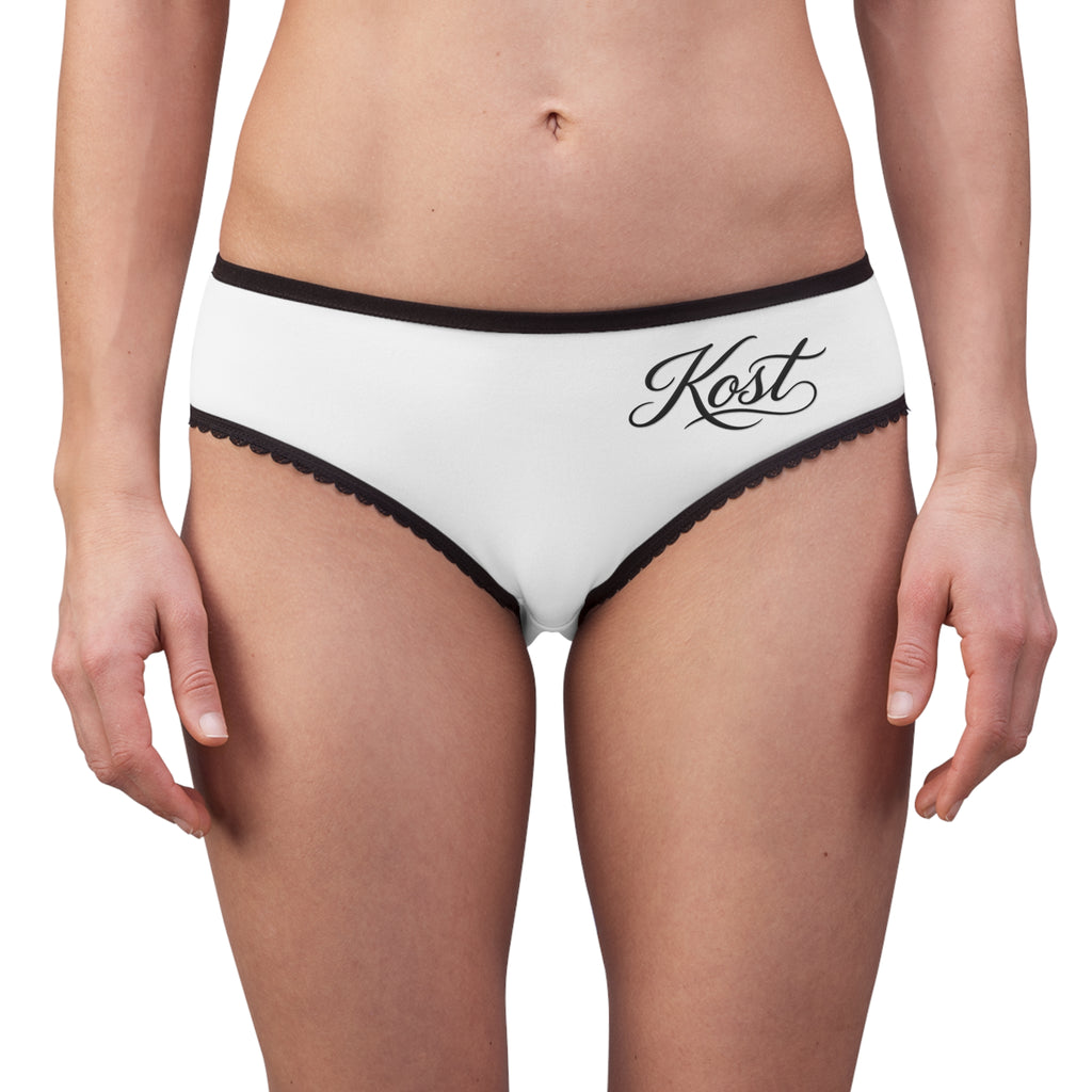 Women's Briefs with “Kost” Script and Black Lace Trim