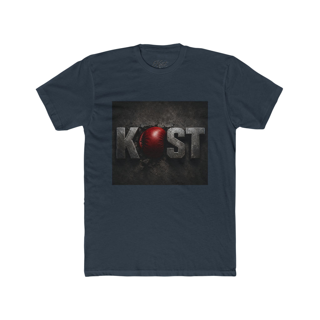 KOST Logo T-Shirt — Distressed Metallic Text with Red Orb Graphic
