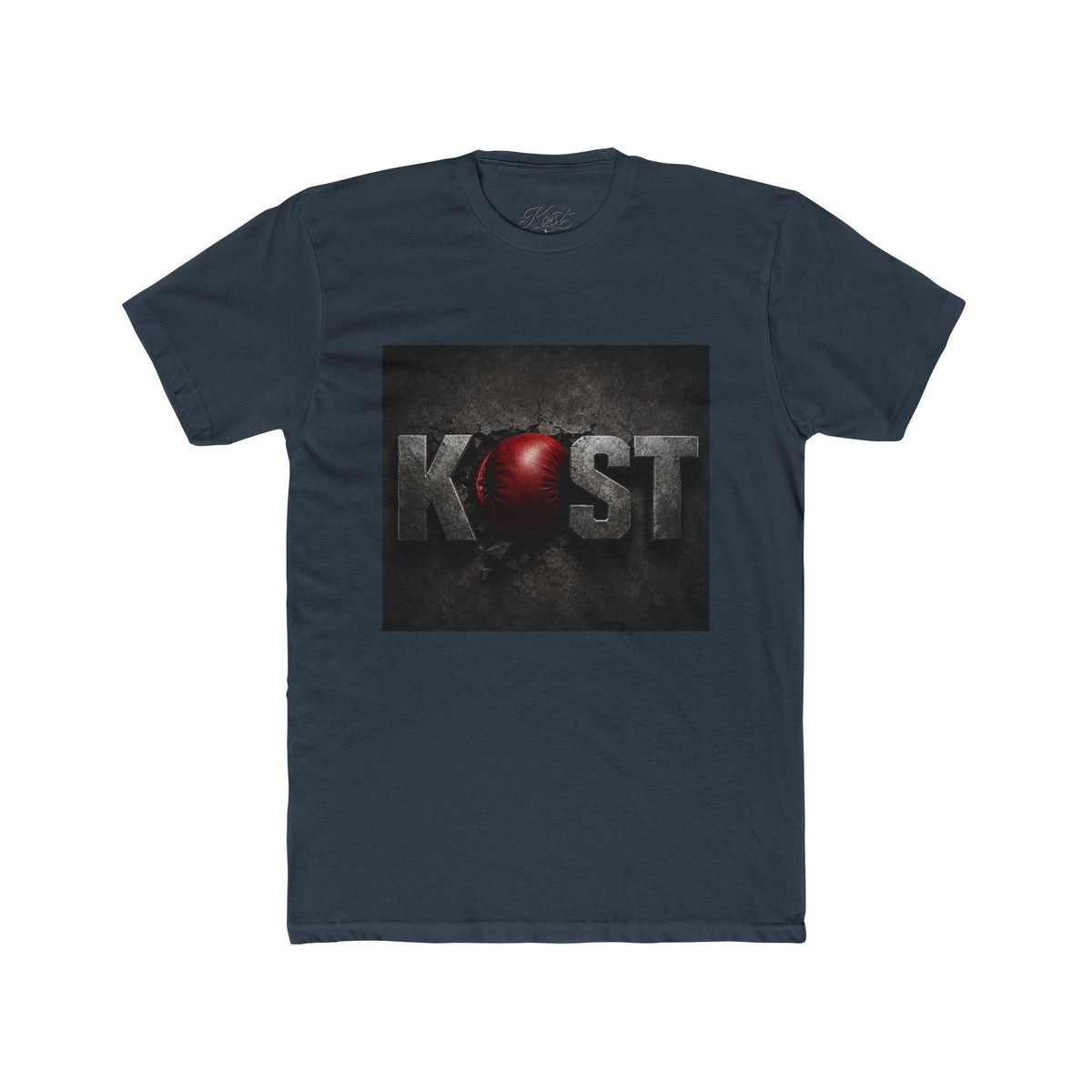 KOST Logo T-Shirt — Distressed Metallic Text with Red Orb Graphic