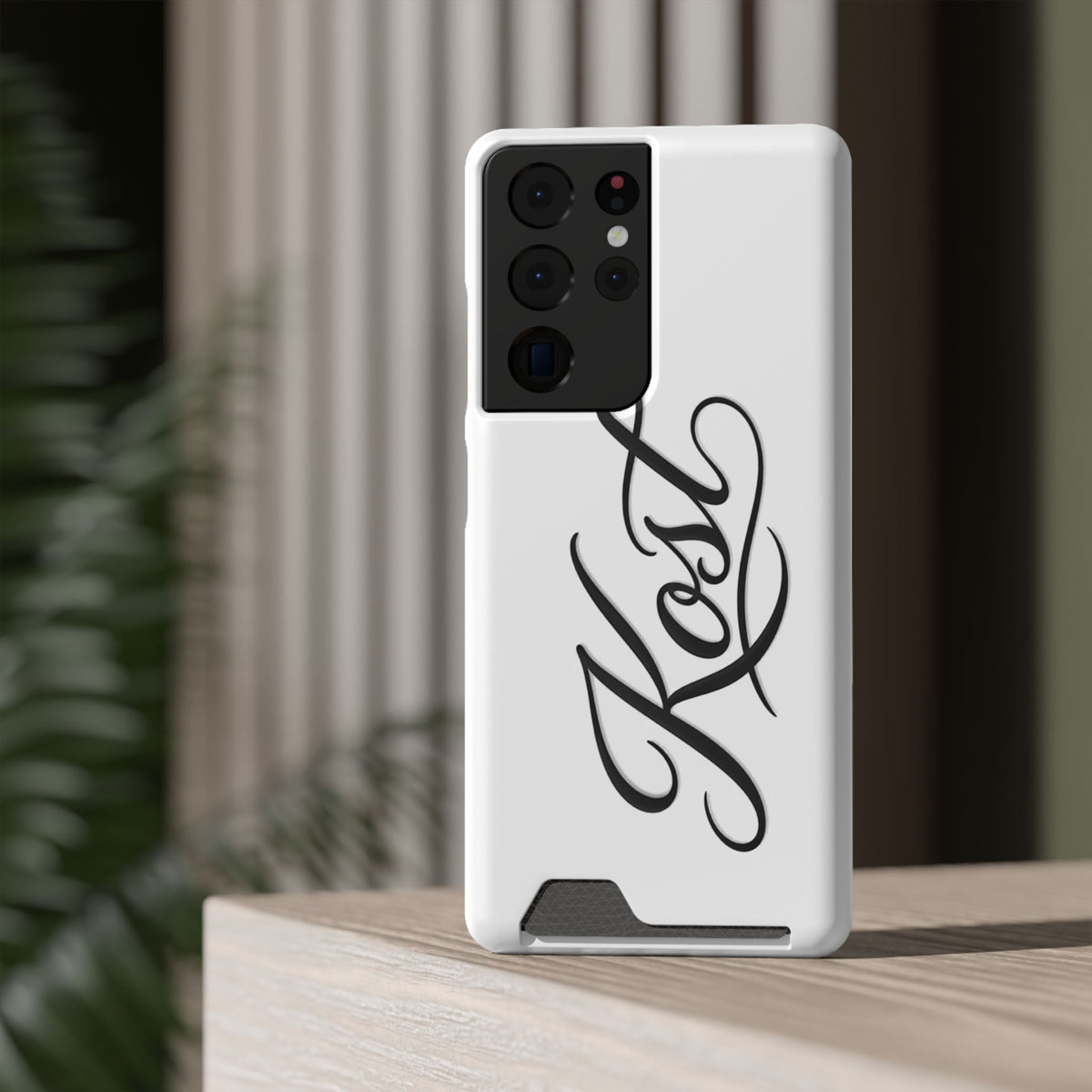 Phone Case with Card Holder – Elegant Black Calligraphy Design