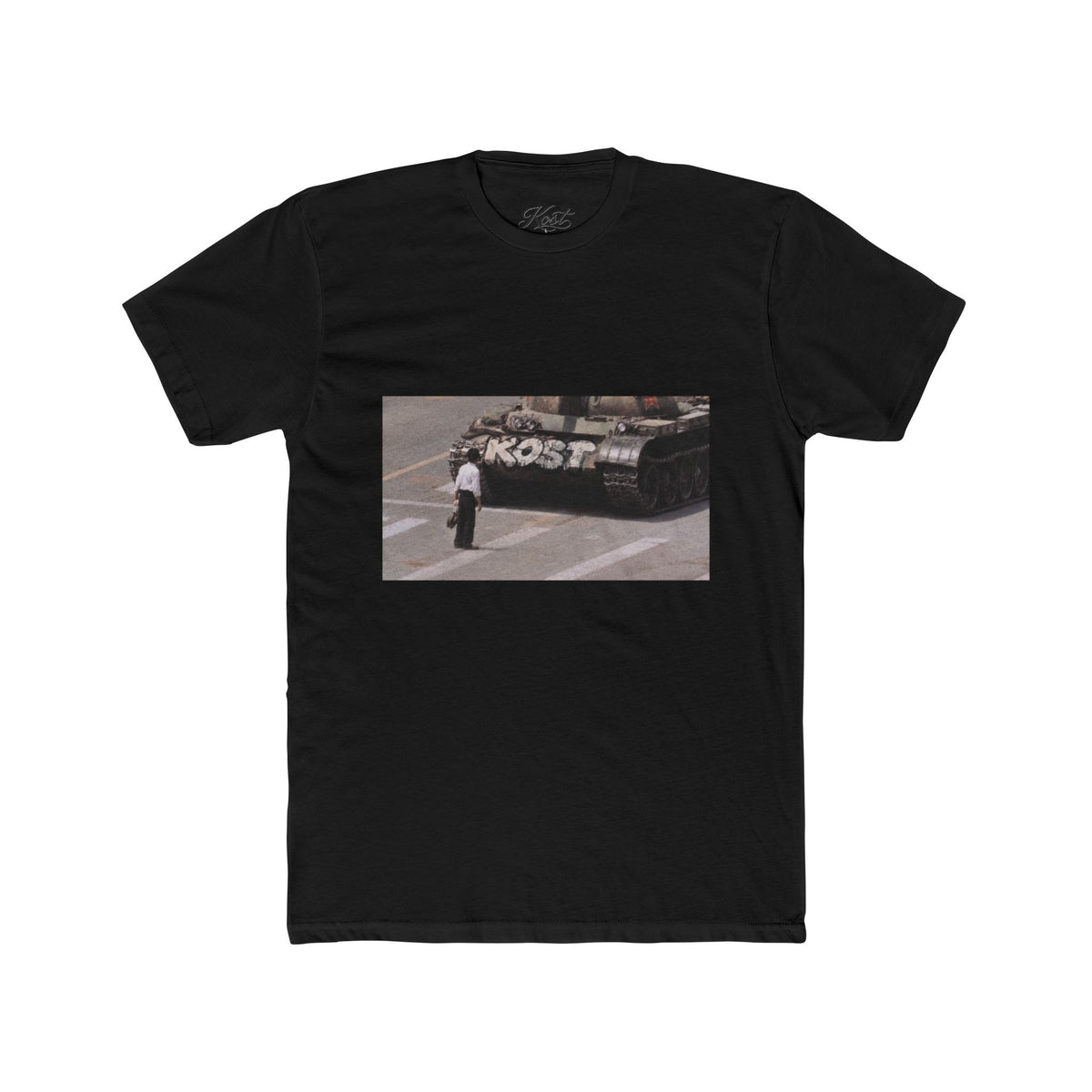 Vintage Photo Tee — Man Facing Tank with 'KOST' Graffiti
