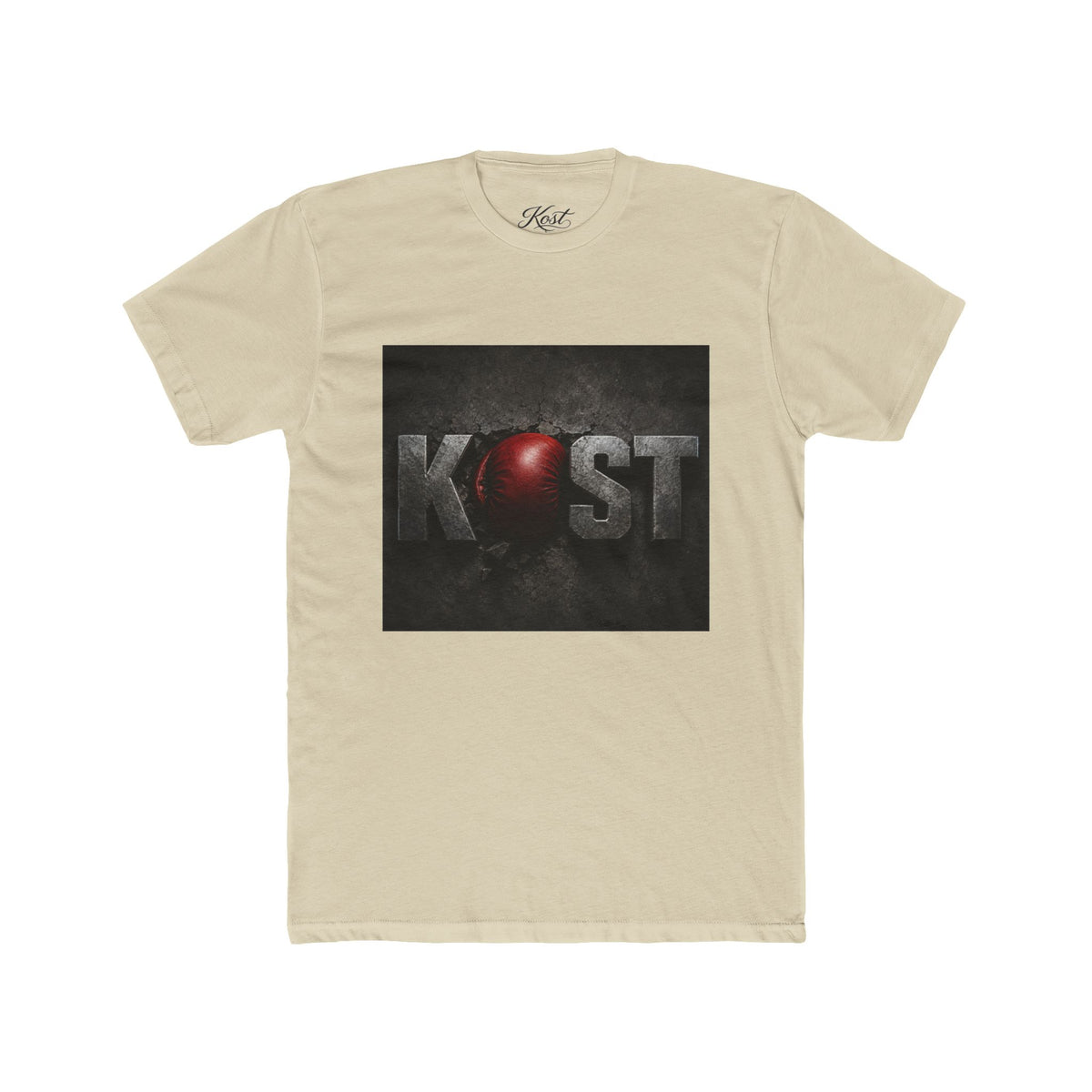 KOST Logo T-Shirt — Distressed Metallic Text with Red Orb Graphic