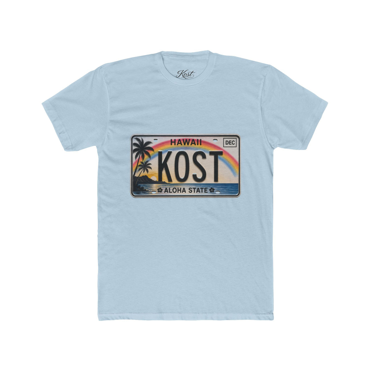 Hawaii License Plate Tee – KOST Aloha State Retro Palm Rainbow T-Shirt