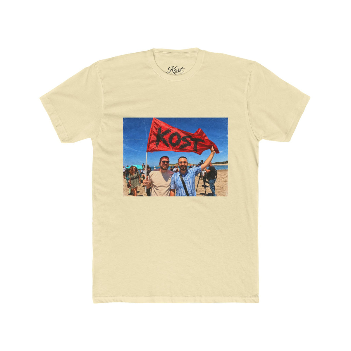 Vintage Road Trip Tee — Friends Holding 'KOS' Flag Photo Print