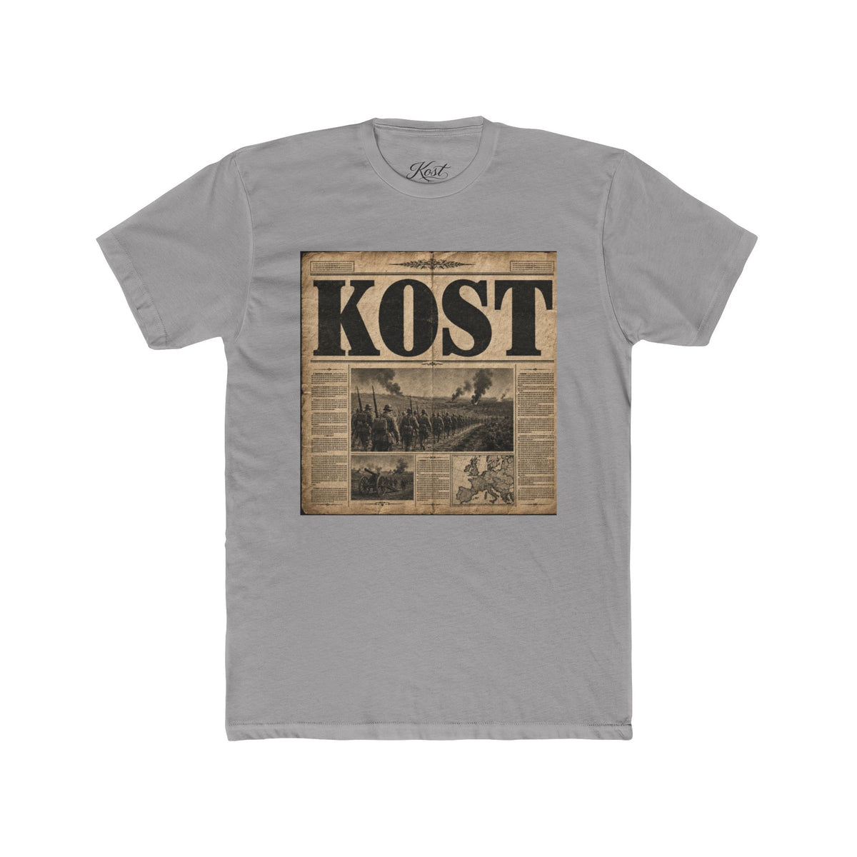 Vintage Newspaper 'KOST' Graphic Tee — Retro Travel Photo Shirt