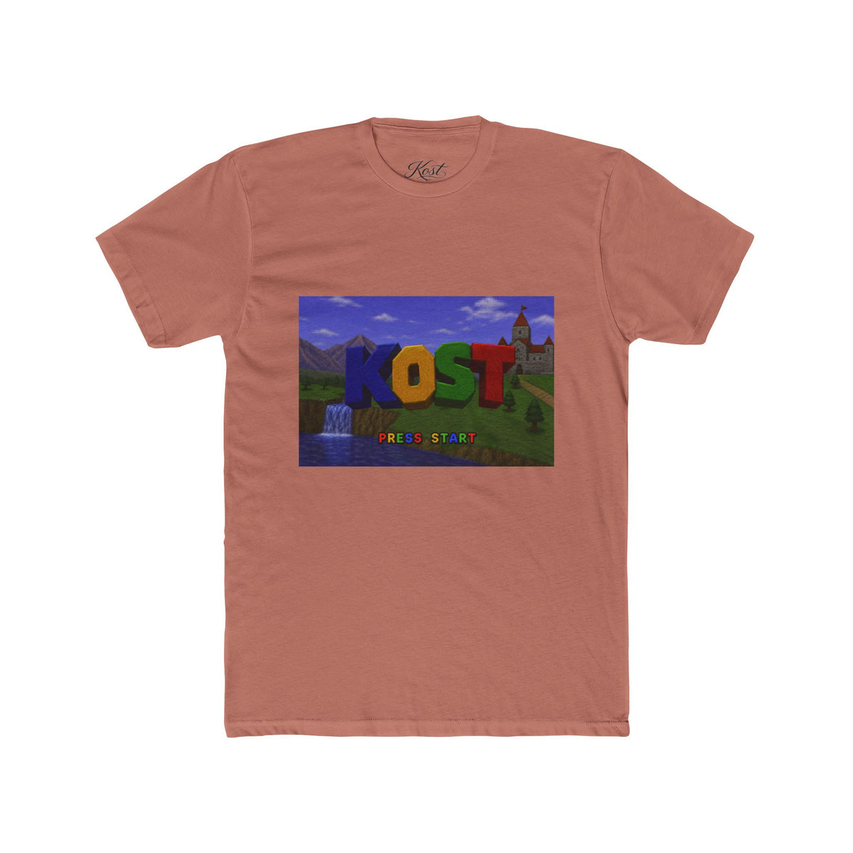 KOST Minecraft-Style Graphic Tee — Colorful Block Letter Landscape Shirt