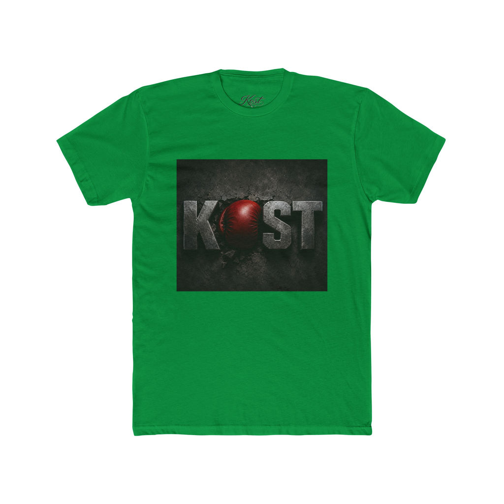 KOST Logo T-Shirt — Distressed Metallic Text with Red Orb Graphic